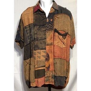Vintage Rayon shirt Brown Aztec tropical Tribal M button up short sleeve